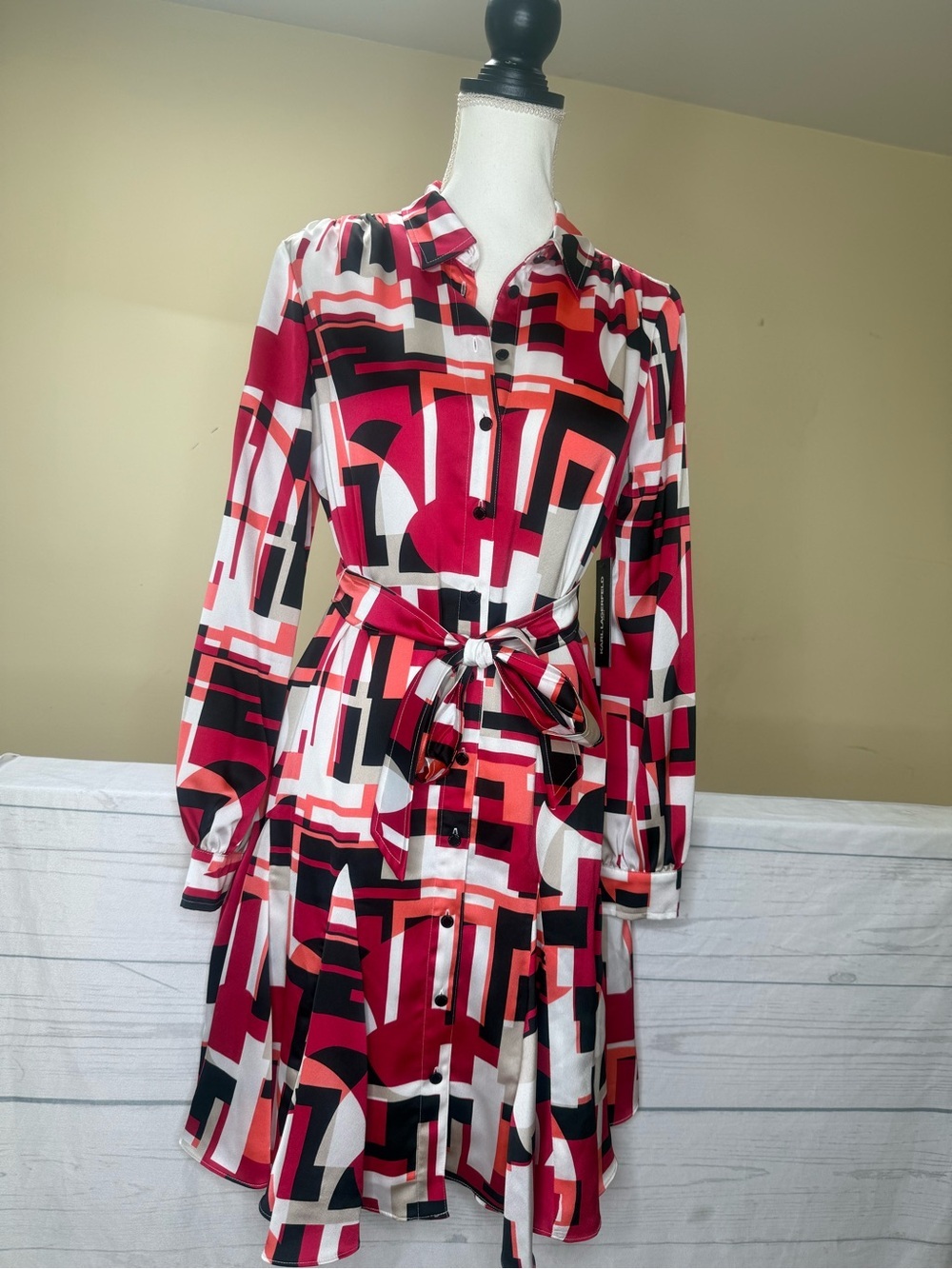 Karl Lagerfeld Red, Black and White Geometric Long Sleeve Shirt Dress